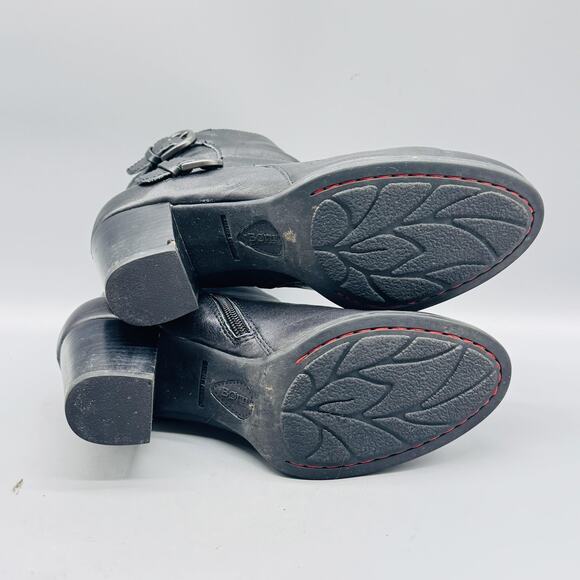 Born Boots Women 7.5 Black Leather Ankle Bootie Buckle Strap Side Zip Block Heel - Picture 9 of 12